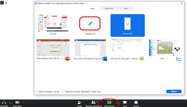 thanh share screen va whiteboard trong Zoom Meeting