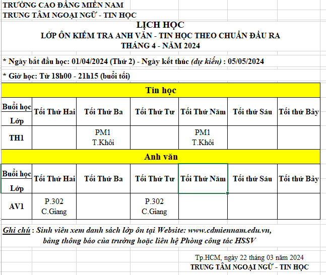 Lịch ôn Anh văn, Tin học Chuẩn đầu ra